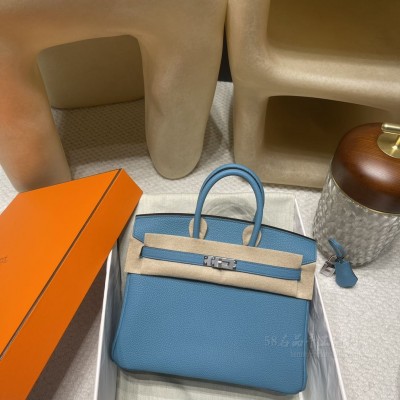 hermes birkin 25cm 铂金包 <strong>togo</strong>皮 7B 松石蓝 银扣
