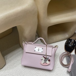 hermes kelly 2424 mini evercolor皮拼swift皮 09梦幻粉紫内拼i2奶油白 银扣(hermes plume)