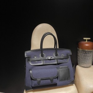 hermes birkin Cargo 35cm swift皮拼帆布 海军蓝(hermes帆布包价格)