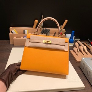 hermes kelly 25cm 凯莉包 epsom皮 拼色 9V太阳黄拼蔷薇粉 拉丝金扣