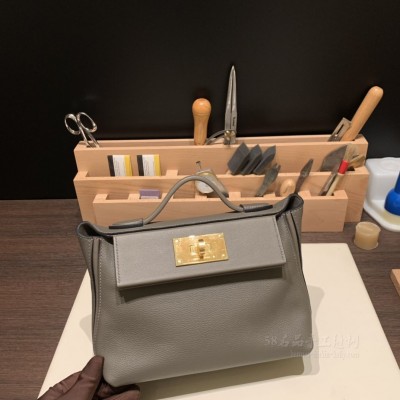 hermes kelly 2424 mini <strong>Evercolor</strong>皮拼swift皮 8F锡器灰 金扣(爱马仕铂金包锡器灰)