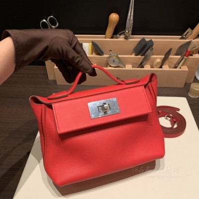 hermes kelly 2424 mini <strong>Evercolor</strong>皮拼swift皮 S3心红 银扣(hermes皮革)