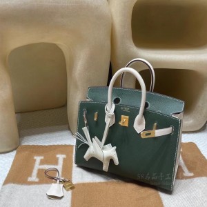 hermes birkin Sellier 25cm epsom皮 外缝 2Q英国绿拼i2奶油白 拉丝金