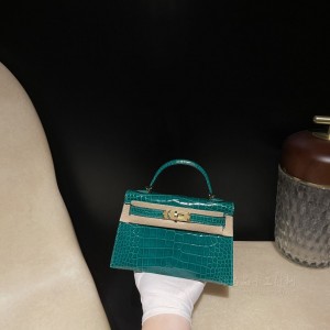 hermes mini kelly 19cm 二代 Alligator美洲鳄鱼皮 亮面1L仙人掌绿Cactus 金扣(爱马仕鳄鱼皮25黑色金扣birkin)