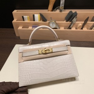 hermes mini kelly 19cm 二代 Alligator美洲鳄鱼皮 Matte雾面 8L冰川白 金扣