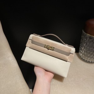 hermes mini kelly Pochette 21cm 一代 swift皮 10奶昔白拼M8沥青灰金扣(爱马仕kelly28奶昔白 价格) 图片