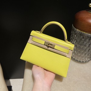 hermes mini kelly 19cm 二代 epsom皮 9R柠檬黄内拼80珍珠灰 金扣(hermes mini lady)