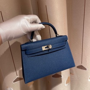 hermes mini kelly 19cm 二代 epsom皮 S4深邃蓝 银扣(hermes mini lady)