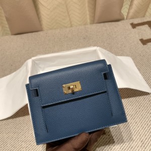 hermes kelly pocket 凯莉卡包 epsom皮 S4深邃蓝 金扣(hermes凯莉包mini) 细节图