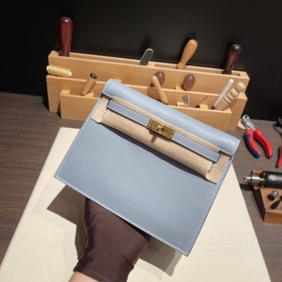 hermes kelly Danse 跳舞包 <strong>Evercolor</strong>皮 J7亚麻蓝 金扣(跳舞包 爱马仕)