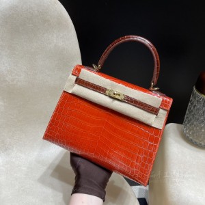 hermes kelly 25cm 凯莉包 尼罗鳄鱼皮nilo crocodile shiny亮面 shiny亮面 两点马蹄印 8V罂粟橘拼33蜜糖棕