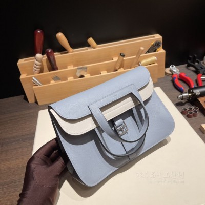 hermes Halzan 25cm TC Clemence皮 J7亚麻蓝 银扣(爱马仕亚麻蓝)