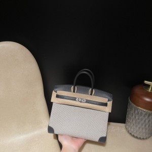 hermes birkin 25cm 铂金包 swift皮拼帆布 2Z午夜蓝(hermes铂金包包)