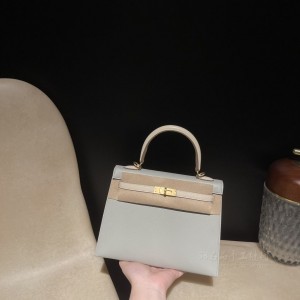 hermes kelly 25cm 凯莉包 山羊皮Chevre 80珍珠灰拼i2奶油白 磨砂金扣