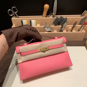 hermes mini kelly Pochette 21cm 一代 swift皮 8W唇膏粉 金扣(爱马仕唇膏粉色号) 高仿