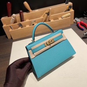 hermes mini kelly 19cm 二代 epsom皮 7F孔雀蓝 金扣(爱马仕孔雀绿k6)