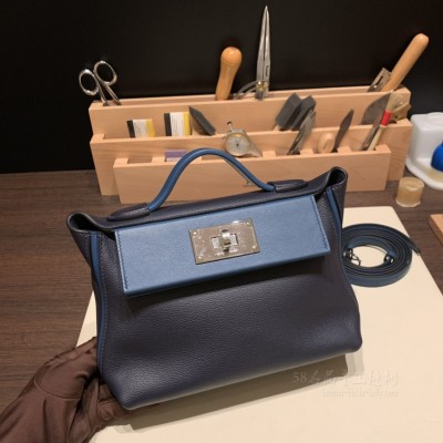 hermes kelly 2424 mini <strong>Evercolor</strong>皮拼swift皮 2Z午夜蓝拼海军蓝 银扣(爱马仕午夜蓝多少钱)