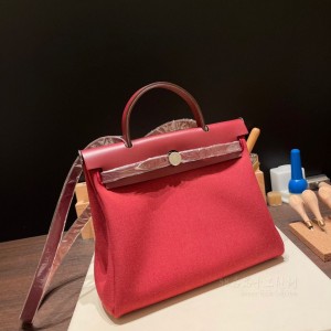 hermes herbag 31cm 帆布包 内缝 55红