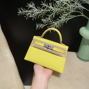 hermes mini kelly 19cm 二代 epsom皮 9R柠檬黄 银扣(爱马仕柠檬黄色号)