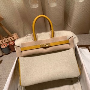 hermes birkin 25cm 铂金包 togo皮 10奶昔白拼琥珀黄 金扣(hermes铂金包包)