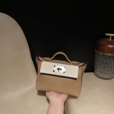 hermes kelly 2424 mini <strong>Evercolor</strong>皮拼swift皮 0M玛萨拉茶色拼i2奶油白拼6C南瓜色