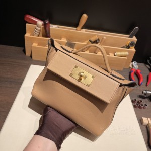 hermes kelly 2424 mini evercolor皮拼swift皮 0M玛萨拉茶色 金扣