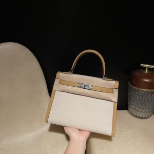 hermes kelly Toile swift皮拼帆布 限量款 28cm 4B饼干色 银扣(爱马仕帆布拼皮价格)