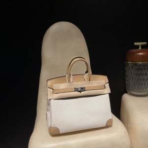 hermes birkin 25cm 铂金包 swift皮拼帆布 0M玛萨拉茶色(hermes铂金包多少钱)