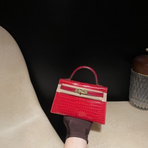 hermes mini kelly 19cm 二代 Alligator美洲鳄鱼皮 亮面3拼色法拉利红拼Q5国旗红内拼7T电光蓝 金扣