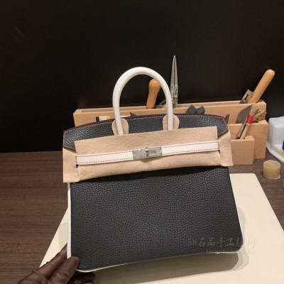 hermes birkin 25cm 铂金包 <strong>togo</strong>皮 89黑色拼01纯白红线 银扣
