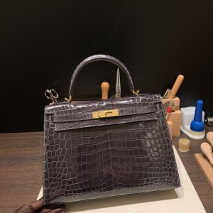 hermes kelly 32cm 凯莉包 尼罗鳄鱼皮nilo crocodile shiny亮面 88石墨灰 金扣