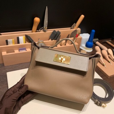 hermes kelly 2424 mini <strong>Evercolor</strong>皮拼swift皮 D0威玛犬米拼18大象灰 金扣(爱马仕拼皮)