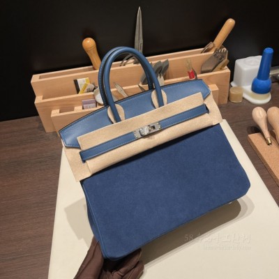 hermes birkin 25cm 铂金包 Grizzly麂皮拼<strong>Swift</strong>皮 皇家蓝(爱马仕铂金包颜色集合)
