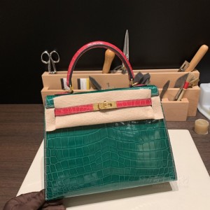 hermes kelly 25cm 凯莉包 尼罗鳄鱼皮nilo crocodile shiny亮面 翡翠绿拼5J桃红 金扣