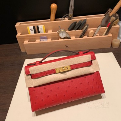 hermes mini kelly Pochette 21cm 一代 南非KK鸵鸟皮ostrich Q5中国红 金扣(爱马仕minikelly鸵鸟皮) 高仿