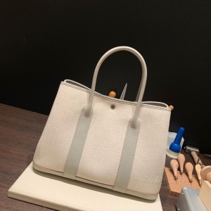 hermes Garden Party 36cm 花园包 帆布拼country皮 人字斜粗纺 80珍珠灰 银扣(爱马仕花园包拼色)