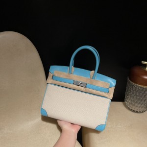 hermes birkin 30cm 铂金包 swift皮拼帆布 p3北方蓝(爱马仕铂金包box皮)