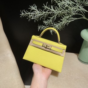 hermes mini kelly 19cm 二代 epsom皮 9R柠檬黄 金扣