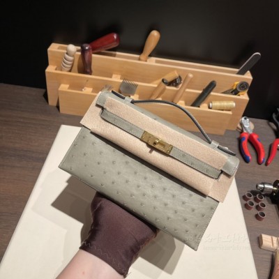 hermes mini kelly Pochette 21cm 一代 南非KK鸵鸟皮ostrich Q1鼠尾草绿 金扣(爱马仕kelly鸵鸟皮蓝) 图片