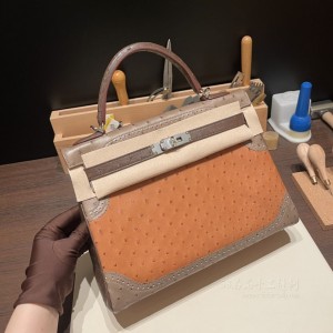 hermes kelly 32cm 凯莉包 南非KK鸵鸟皮ostrich 蕾丝 37金棕拼18大象灰拼47巧克力 银扣