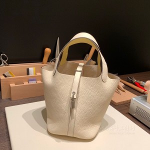 hermes picotin Lock 18cm 菜篮子 TC Clemence皮 i2奶油白拼Lime 9R柠檬黄 银扣(hermes菜篮子多少钱)