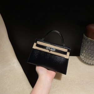 hermes mini kelly 19cm 二代 lizard蜥蜴皮 89黑色 银扣(爱马仕蜥蜴皮铂金包)