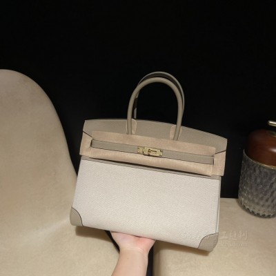 hermes birkin 35cm 铂金包 <strong>togo</strong>皮拼帆布 81斑鸠灰 金扣