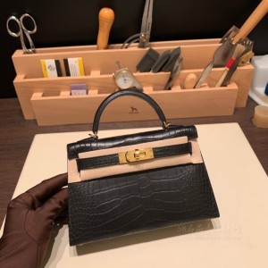 hermes mini kelly 19cm 二代 Alligator美洲鳄鱼皮 Matte雾面 89黑色金扣