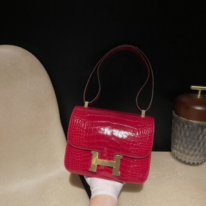 hermes Constance 24cm 康康 空姐包 Alligator美洲鳄鱼皮 亮光 方块95法拉利红 金扣