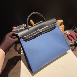 hermes herbag 31cm 帆布包 外缝 马耳他蓝拼黑(爱马仕帆布拼接包)