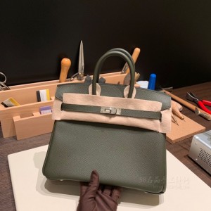 hermes birkin 25cm 铂金包 epsom皮 C6灰绿 银扣