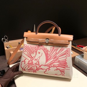 hermes herbag 31cm 帆布包 限量款飞马 红色 棕色马鞍