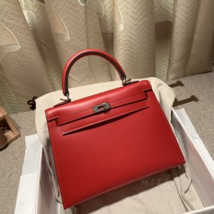 hermes kelly 25cm 凯莉包 box皮 Q5中国红 银扣