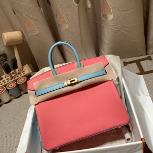 hermes birkin 25cm 铂金包 epsom皮 马蹄vip定制款 8W唇膏粉拼3P马卡龙蓝 金扣